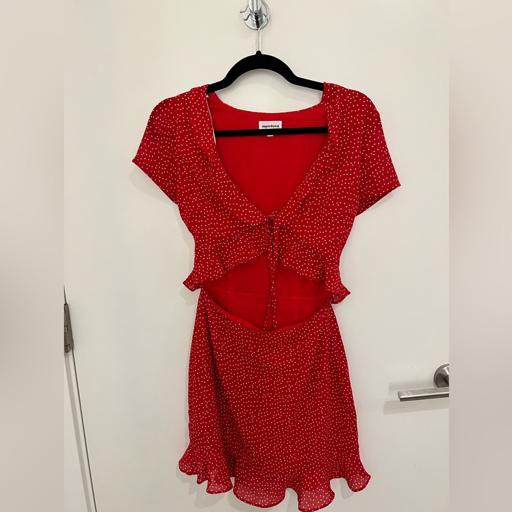 Red polka dot short romper